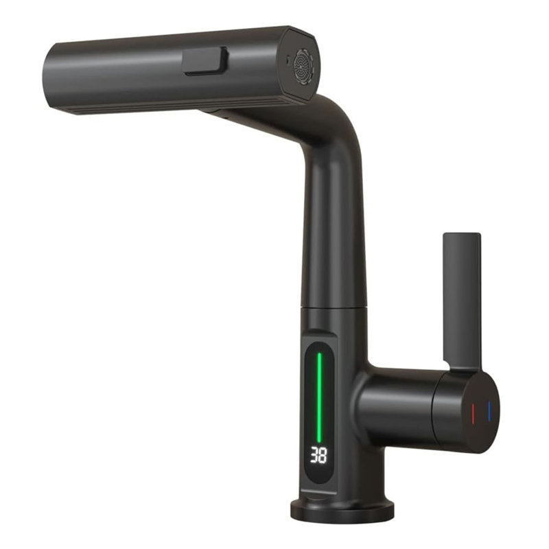 Matte Black LED Temperature Display Pull-Out Bathroom Faucet
