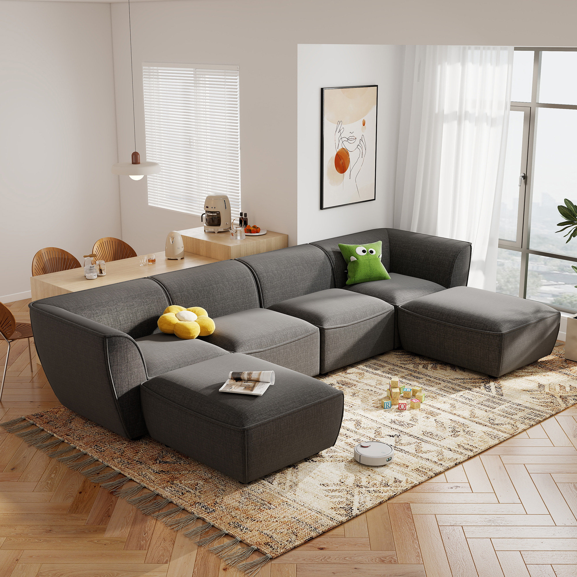 Lizzy 6-piece Straight-arm Corner Sectional With Armless Seat & Ottoman, Modern Upholstered Living Room Set
