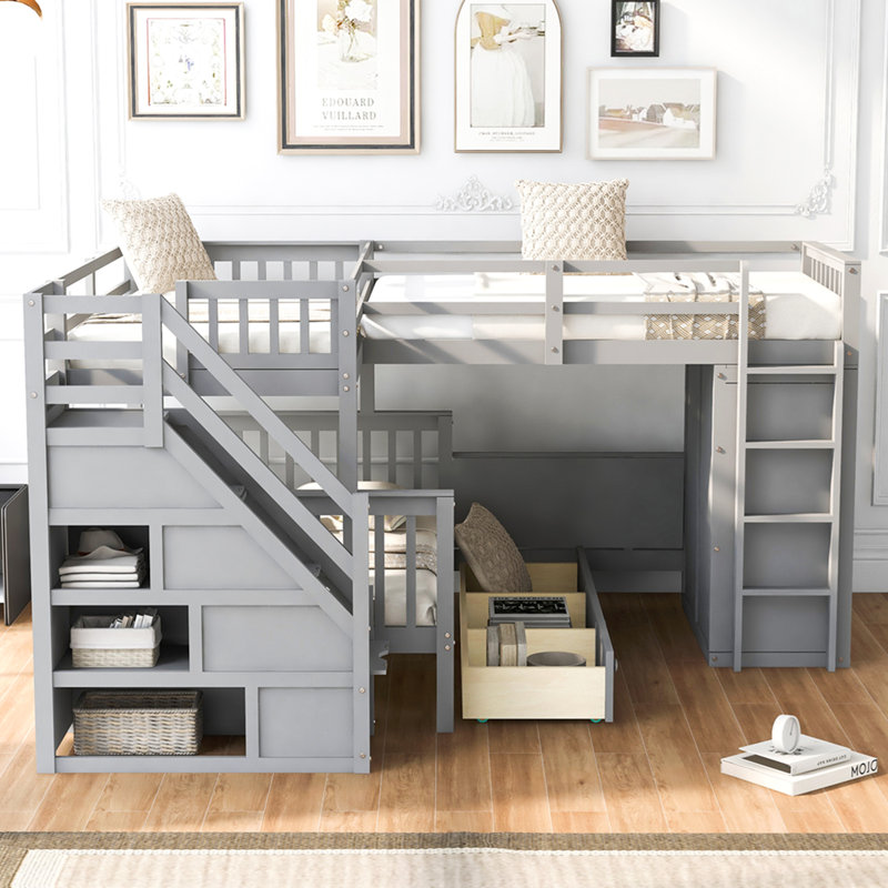 Lit superposé simple en L avec 3 tiroirs, bureau portable et garde-robe, Gris
