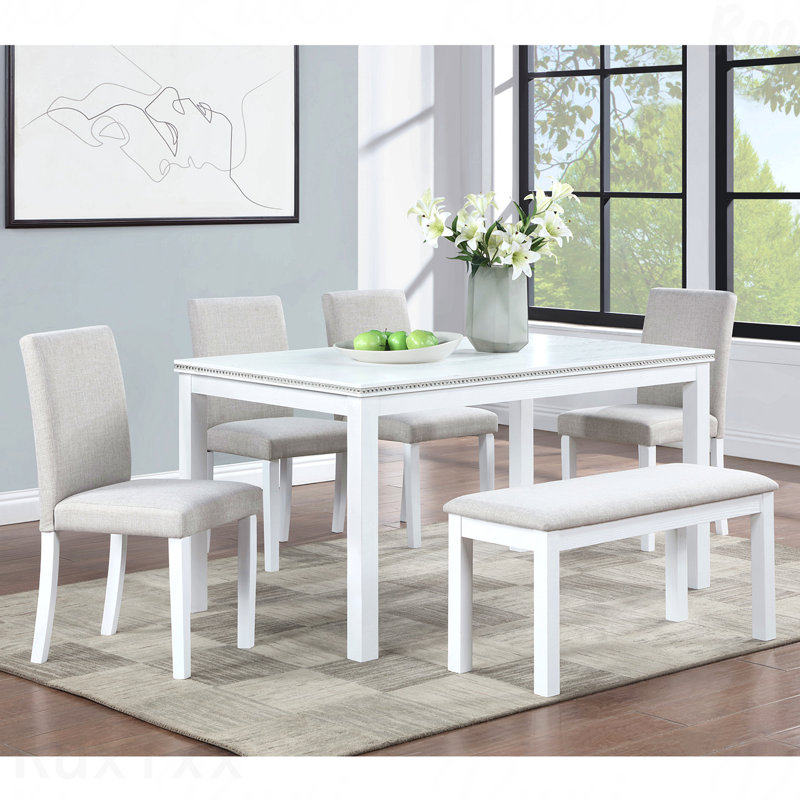 Ensemble de salle à manger en bois 6 pièces: table rectangulaire et 4 chaises rembourrées + banc, décoration en cristal