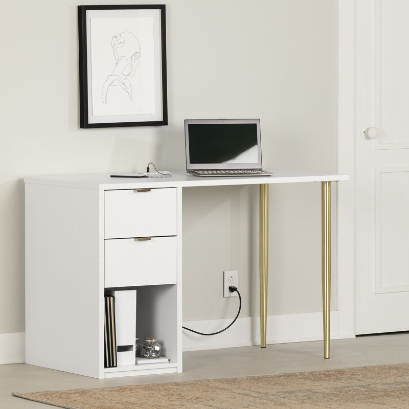Pure White Wood Computer Desk with USB Port and Drawer