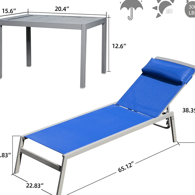 3 Garden Chaise - , Adjustable , Aluminum Frame  Blue Lawn Lounge 2 Chairs + 1 Side Table,