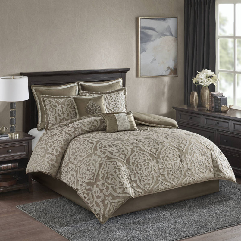 Ensemble d'édredon en jacquard de luxe 8 pièces Odette, Édredon très grand et 7 pièces supplémentaires, Brun clair/Ivoire