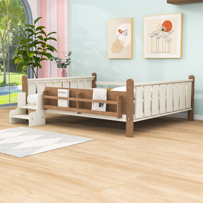 Queen Size Platform Bed with Built-In Storage Bookcases, Guardrails and Stairs