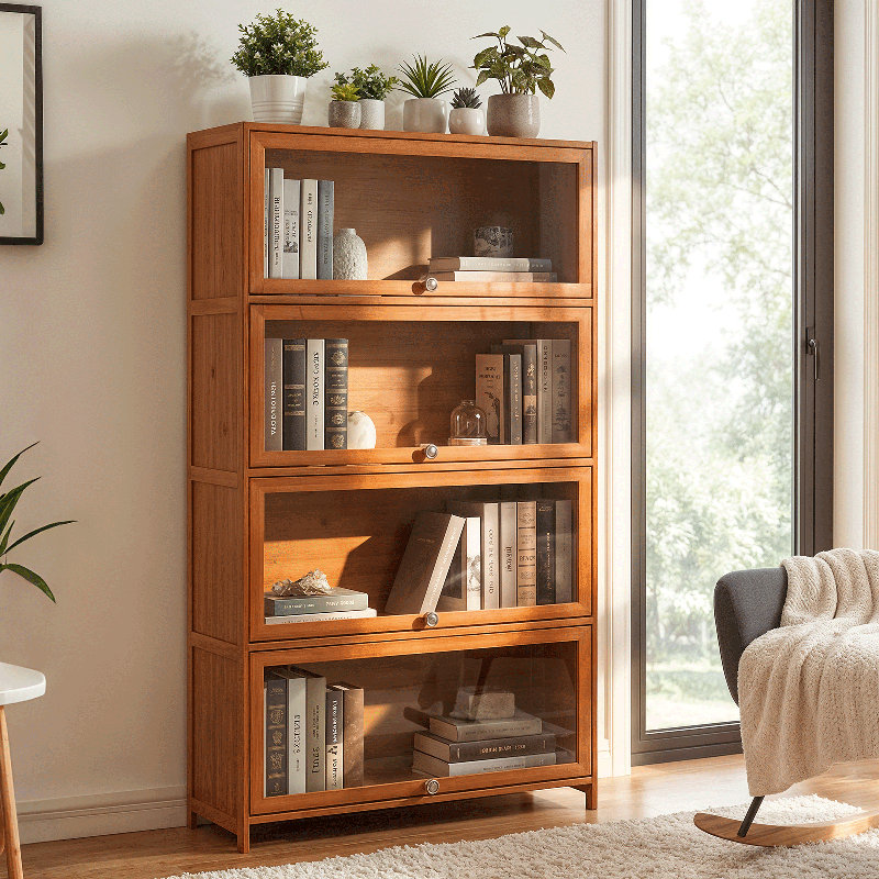 Bamboo Bookshelf with Flip-up Acrylic Doors, Freestanding Bookcase Storage Organizer with Shelves
