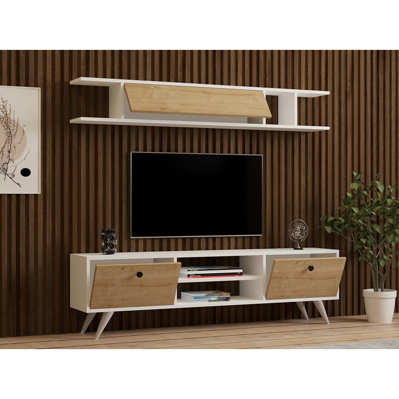 Meuble télé moderne scandinave avec tablette murale, finition blanche et pin, 63,0 po x 17,7 po x 11,8 po | 100% panneau de particules enduit de mélamine, épaisseur: 0,7 pouce | Nombreuses tablettes, fixation murale, élégante et fonctionnelle