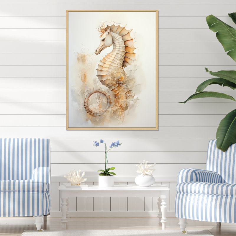 Hippocampe magique beige II sur toile, H 44 po x l 34 po x P 1,5 po, Cadre naturel flottant