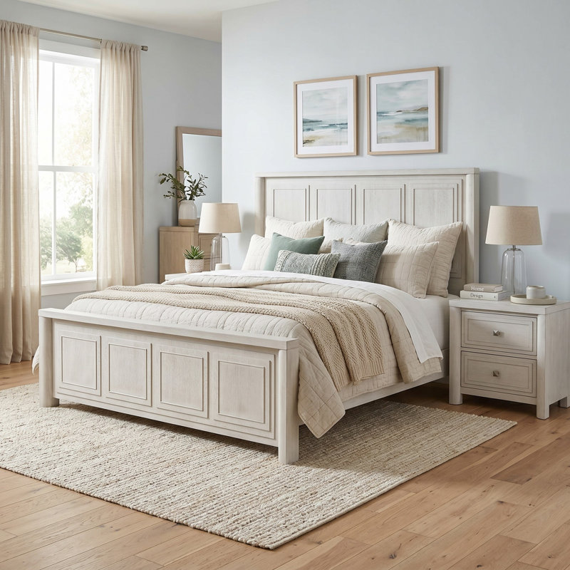 Red Barrel Studio® Aldergrove Panel Bed Frame W Headboard, Footboard And Rails | Contemporary Modern Farmhouse Bedroom Furniture | Mattress/box Spring Required, Not Included | Cerused White Oak Wood