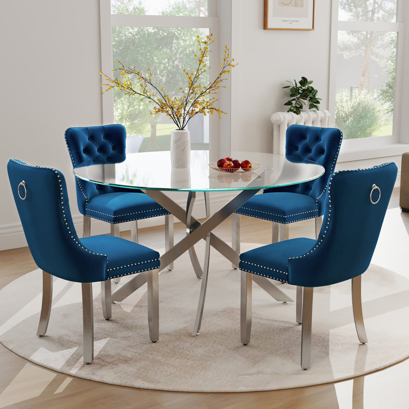 Ensemble de salle à manger Keyari, H 29,5 po x L 47 po x l 47 po, Bleu, Argent