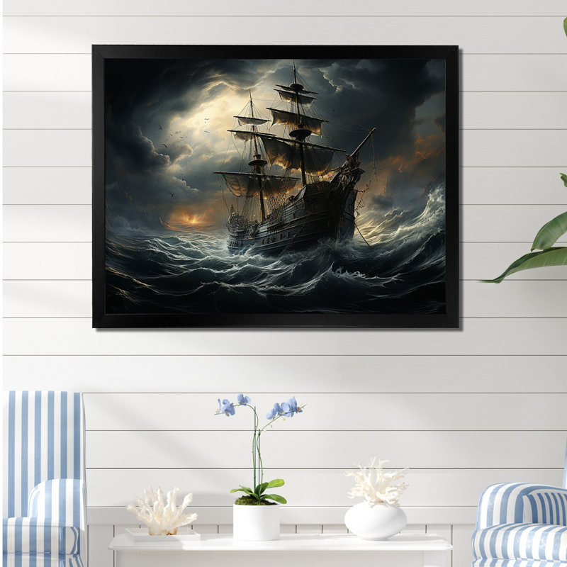 Pirate Ship At Stormy Seas - Art mural encadré pirate, H 34 po x l 44 po x P 1,5 po, Cadre simple noir