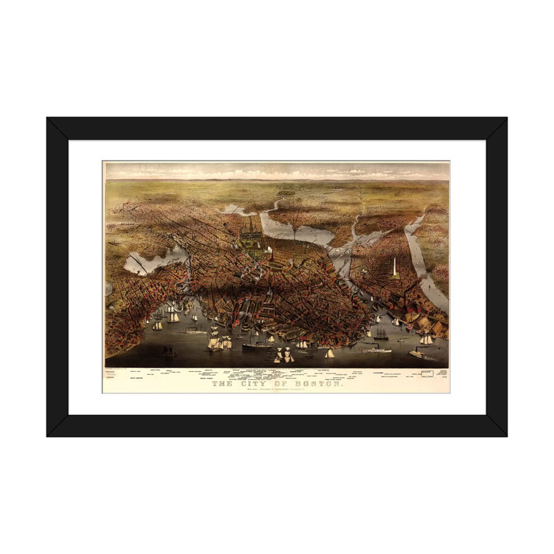 « boston map, 1873 », impression sur toile, H 16 po x l 24 po x P 1 po, Papier d'art encadré noir, Blanc