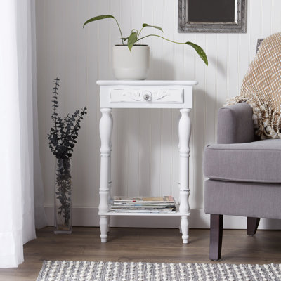 Carved White Side Table | Distressed Wooden Round End Table