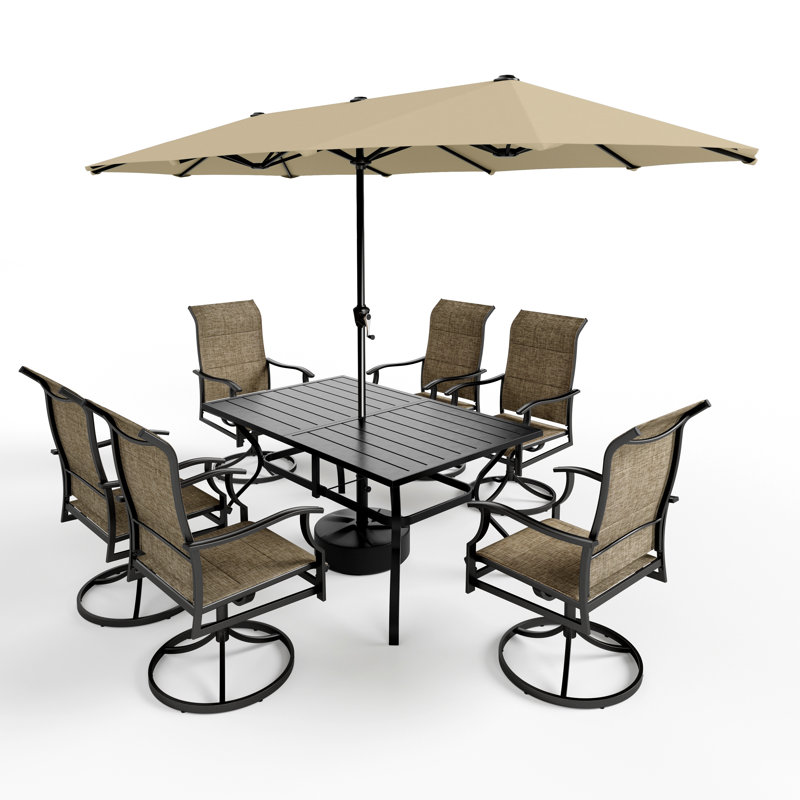 Leonard Outdoor 8 Pieces Dining Set with Umbrella, Beige