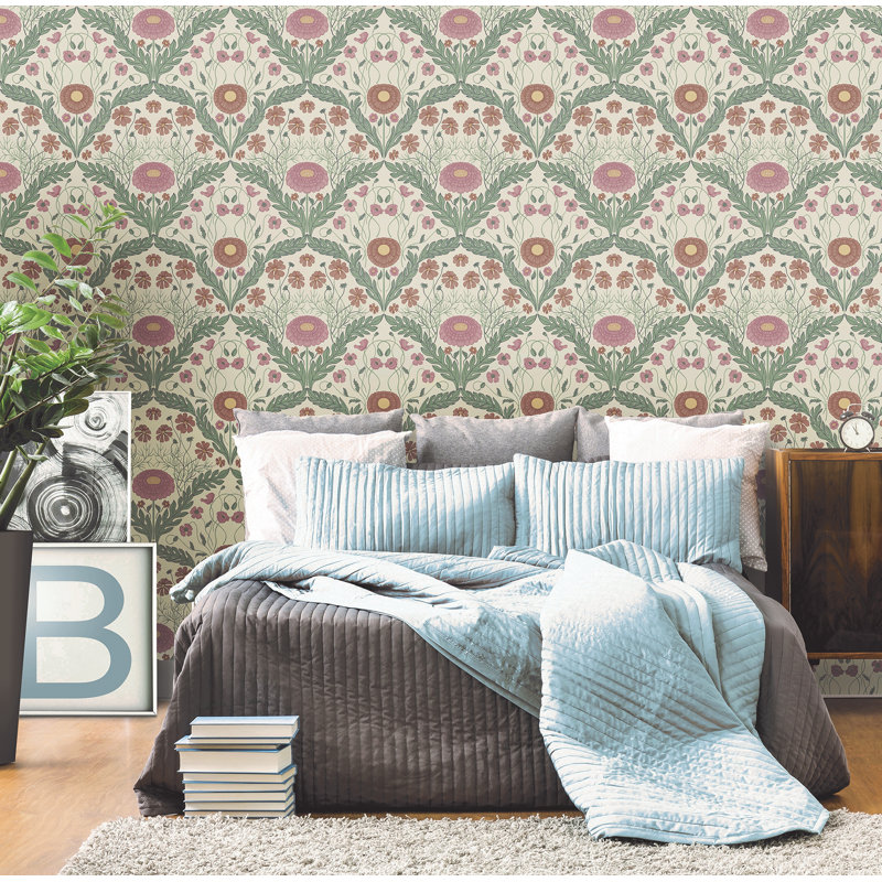 Non-Pasted Floral Wallpaper Roll, Green/Pink