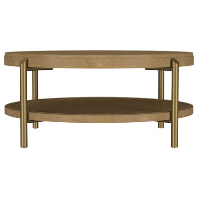 Fij Coffee Table With Rattan Shelf, Brass Metal, Brown Wood 41 Inch