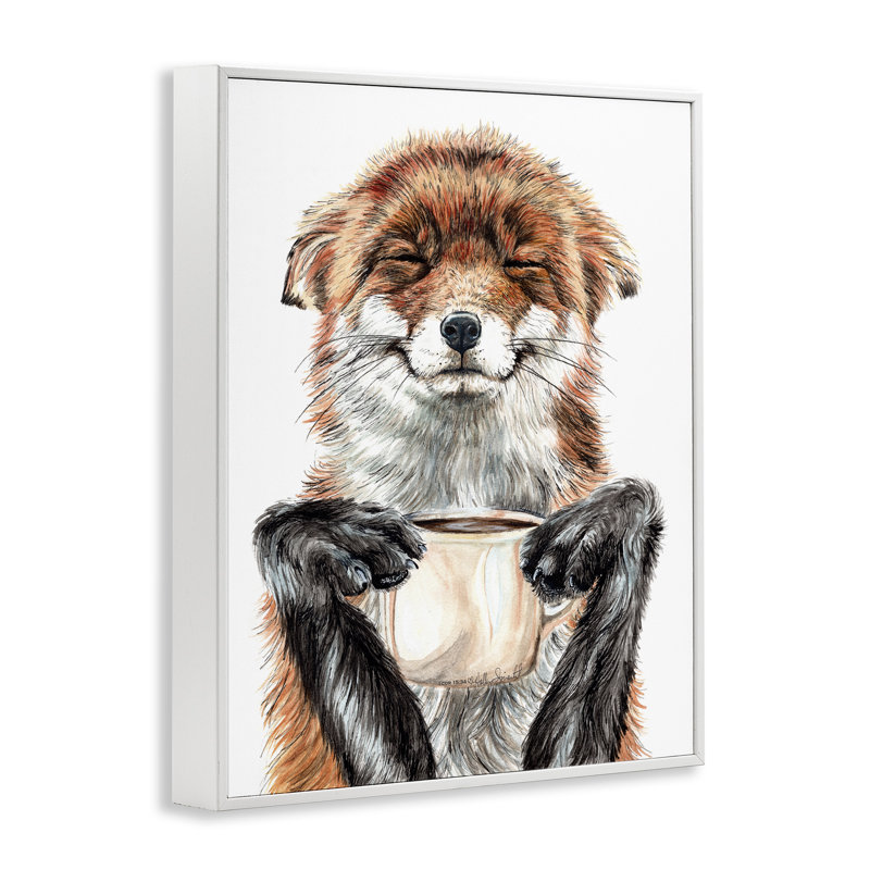 «Happy Fox with Coffee» encadré sur bois par Holly Siment, impression, H 11 po x l 14 po, Giclée encadrée blanc bord de mer