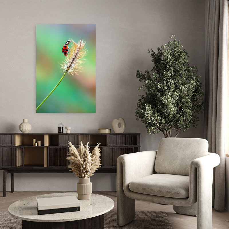 Red Ladybug On Grass Delicate Vibrant Contemporary Ladybug Nature Plant Wall Art Print 1 Piece Wrapped Canvas Wall Art
