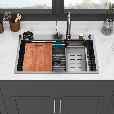 Gunmetal Black Drop-in Waterfall Kitchen Sink 33*22 Inch 16 Gauge Stainless Steel With Pull-out Faucet, Cup Washer & Cutting Board T304 33x22x10 Function, Drain Assembly Dish Grid