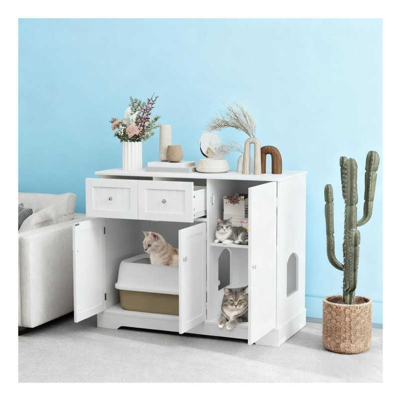 Meuble pour bac à chat 39 po en MDF avec tiroirs et plateau de table d'appoint blanc