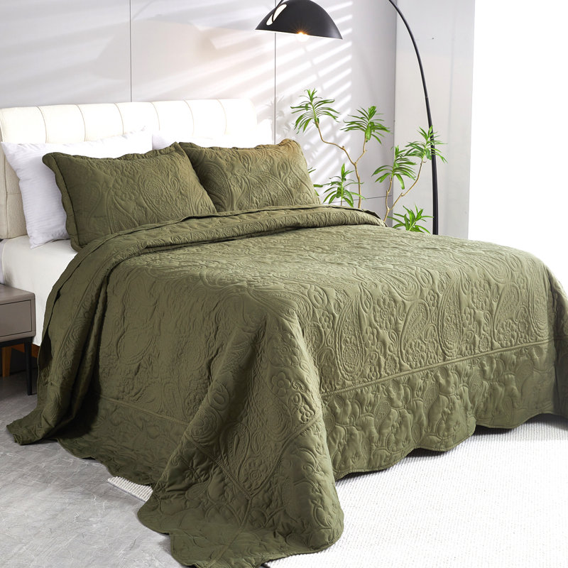 Microfiber Reversible Oversized 3 Piece Coverlet, Bedspread Set, Oversized King Plus + 2 King Shams, Olive Green