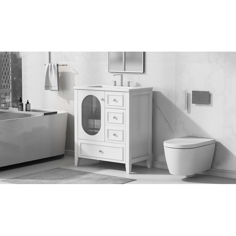 Meuble-lavabo avec lavabo, trois tiroirs et porte vitrée, Blanc