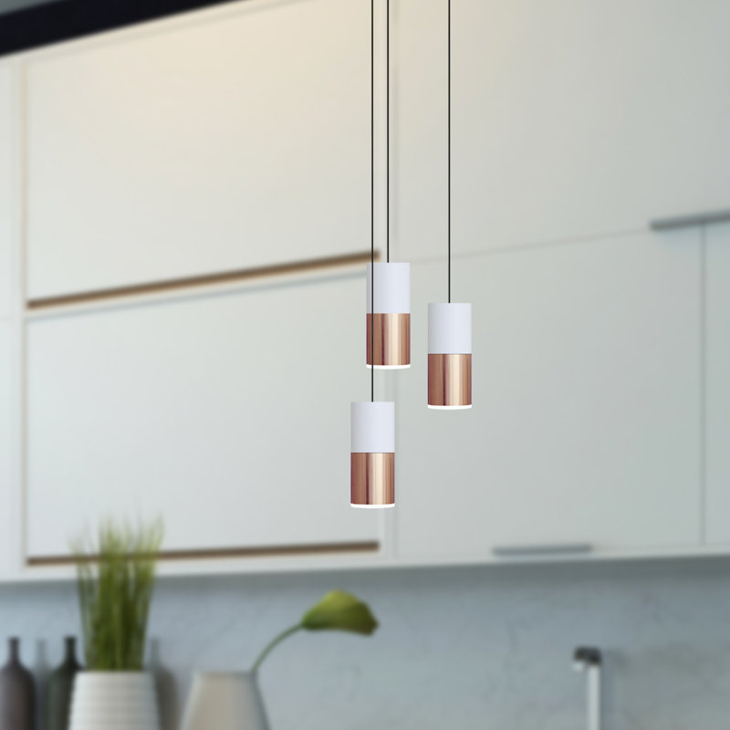 Luminaire suspendu cylindrique à DEL 3 lumières Grecia, Blanc / cuivré