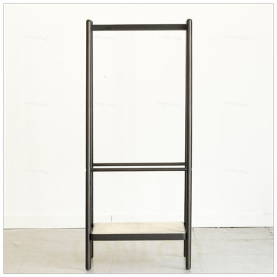 Solid Oak Wood Clothes Rack with Rattan Hangers and Shelves, Durable and Versatile for Organized Storage
