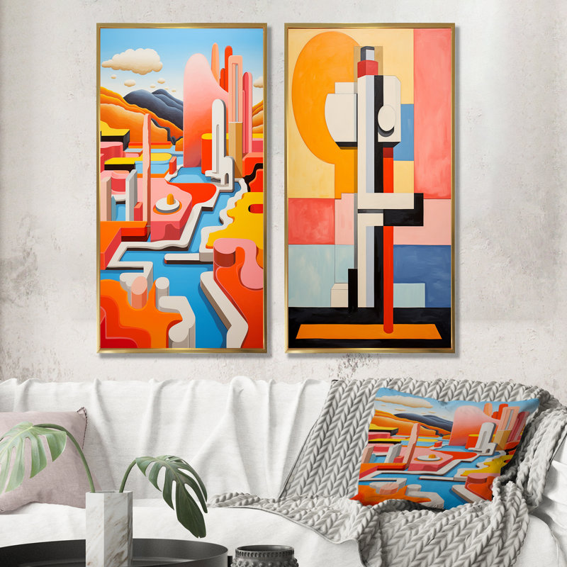 Pastel De Stijl Industrial Geyser - Ensemble de 2 décorations murales Geyser, Encadrement doré, H 40 po x l 41 po