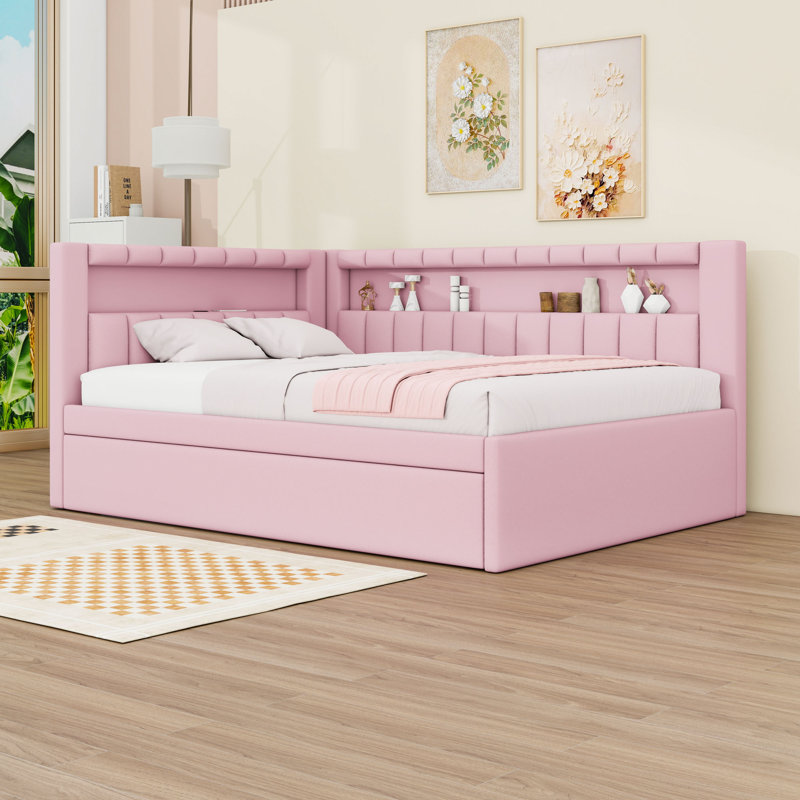 Full Wooden Upholstered Daybed with Trundle, USB Ports, LED lights and Slats, Pink
