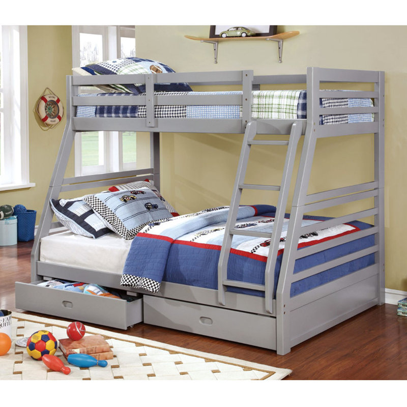 Lit superposé moderne au-dessus d'un lit double transitionnel avec deux grands tiroirs de rangement pour échelle en bois massif gris
