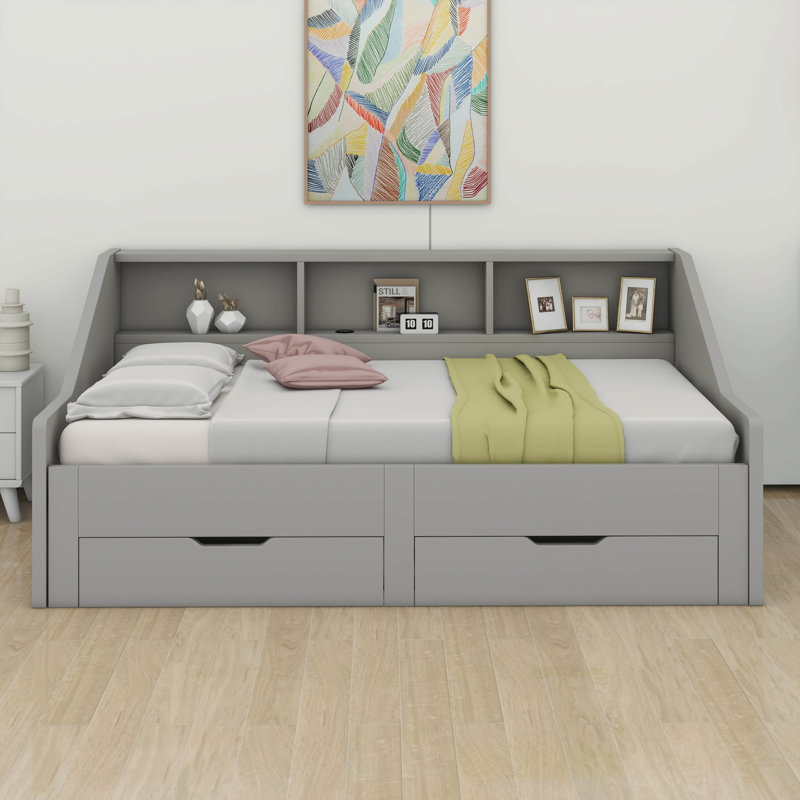 Twin Daybed With Storage Bookcases And Two Drawers, Wood Bed Frame With Trundle And USB Charging Design, Gray