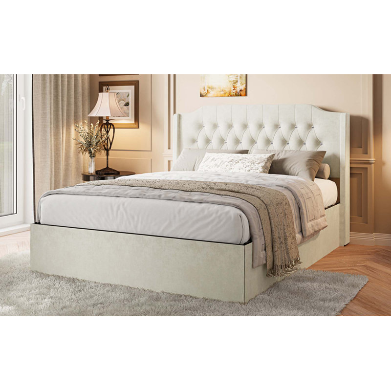 Cadre de lit tapissier grand capitonné avec accents en cristal, cadre de lit avec tête de lit à oreilles et espace de rangement sous le lit, aucun sommier nécessaire