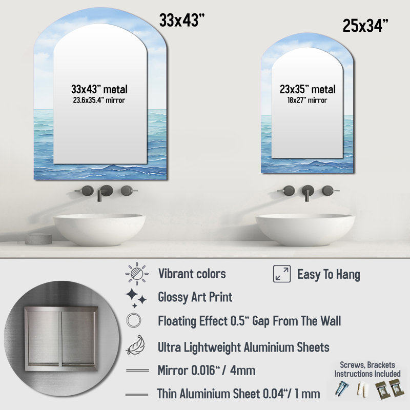 Oceans Infinity Dreamscape V - Minimalism Asymmetrical Mirror, Blue Arch Decorative Wall Mirror, Printed Metal Art, 34" x 25"