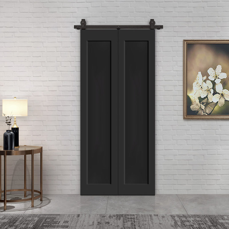 1 Panel Shaker Composite Bi-Fold Door with Sliding Barn Door Hardware Kit, Black, 36" x 84"