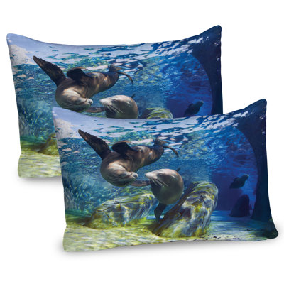 Ambesonne Underwater Pillow Sham 2 Pack Playful Sea Lions  Navy Blue Lime -  pil-2_17280_26x20