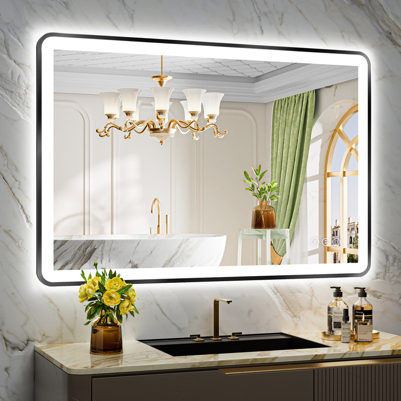 Hyosvany Matte Black Matel Framed LED Vanity Mirror with Front-lit and Back-lit, Memory Function, 3 Color Temperatures, Dimmable Light & Anti-fog Tempered Glass Mirror