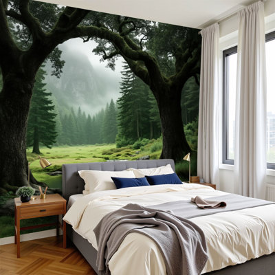 Nature Theme Wall Mural Misty Forest Landscape Large Oak Trees Reflective Stream 100"H x 144"W Peel and Stick Wallpaper Wall Decor for Bedroom