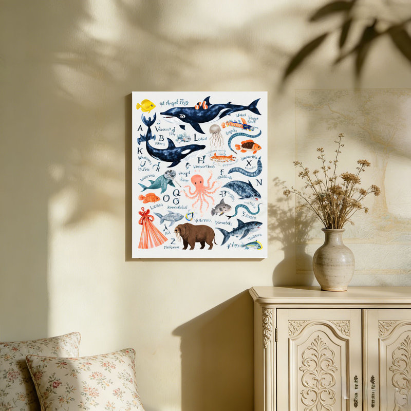 Alphabet animaux marins, cadre en bois à l'arrière intégré, murale éducative 36 x 24