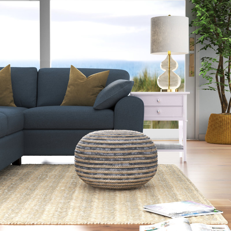 Ahlers Modern Coastal Striped Handmade Jute Round Ottoman Pouf, Natural/Gray