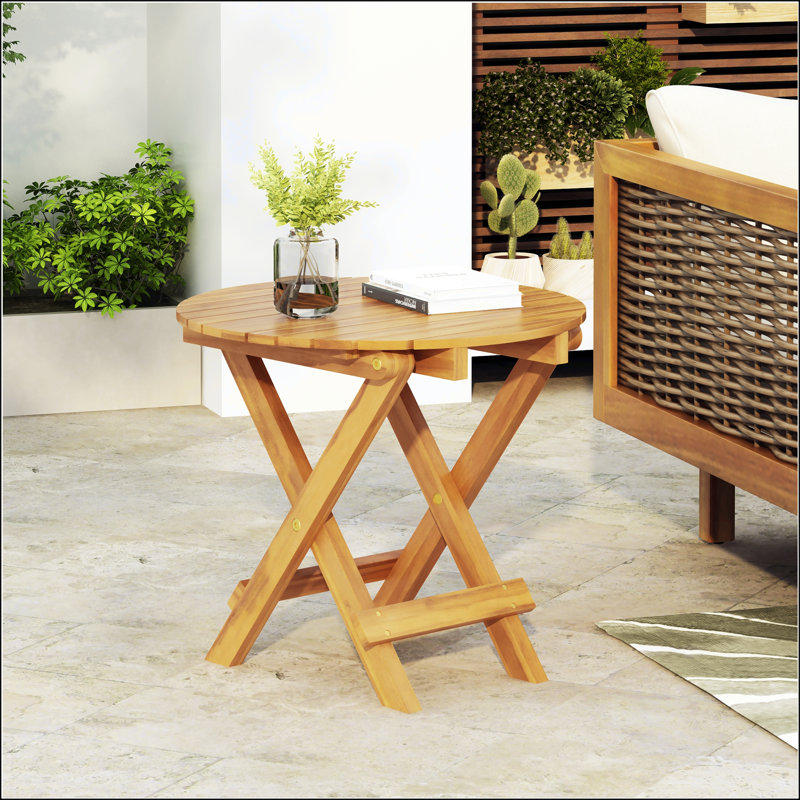 Foldable And Adjustable Acacia Wood Side Table With Teak Finish, No Installation Required For Outdoor And Indoor Use