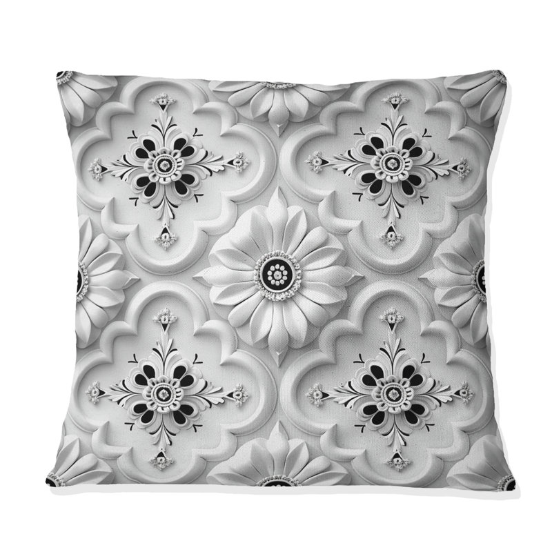 Blanc treillis floral noir - coussin décoratif moderne, H 16 po x l 16 po