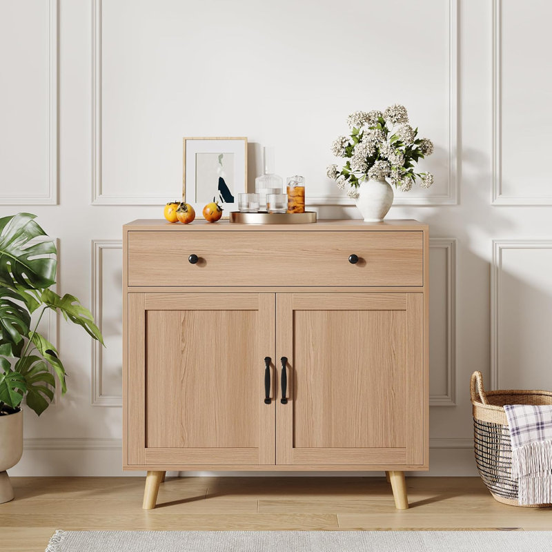  Wooden Storage Cabinet with Drawer & Doors – Versatile Sideboard Buffet, Ideal for Living Room, Dining Room, Entryway, Bedroom, Coffee Bar Organizer – Natural Wood