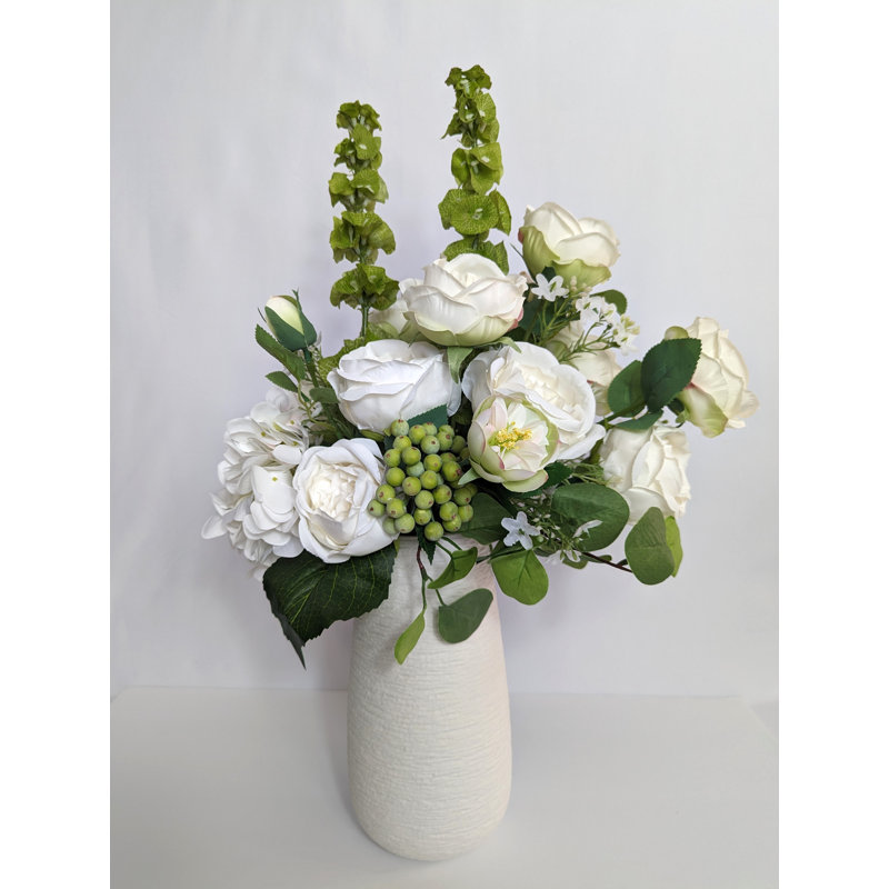 White Rose and Hydrangea Silk Flower Arrangement