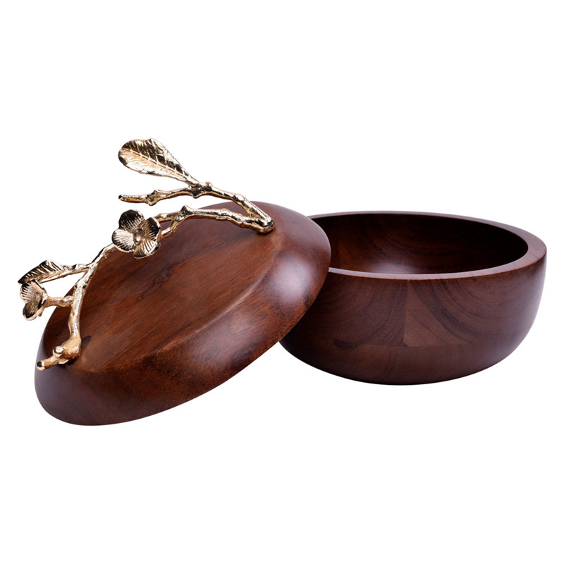 Rustic Acacia Wood Serving Bowl with Lid Decorative Brass Branch Handle for Kitchen and Christmas Decor