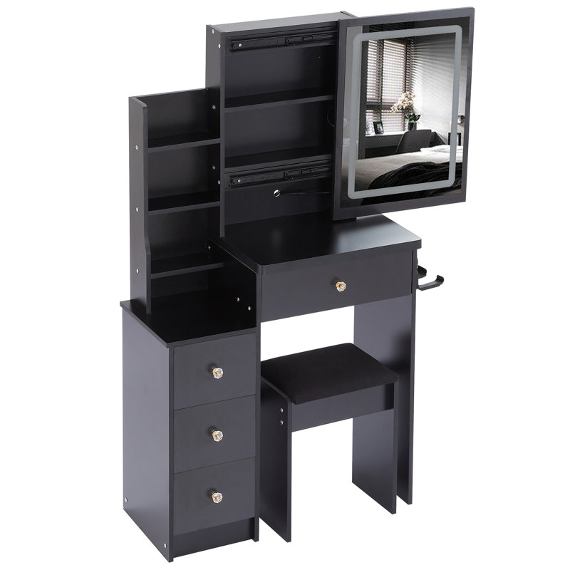 29.2" Small Size Left Bedside Cabinet Vanity Table + Cushioned Stool, 2 AC+2 USB Power Station, Hair dryer bracket, Extra Large Touch Control Sliding LED Mirror, Tri-color Switching, Brightness Adjust