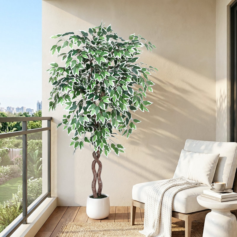 Ficus artificiel bordé de feuilles blanches panachées 5 pi 6 pi 7 pi avec pot à fleurs blanc réaliste pour décoration de bureau