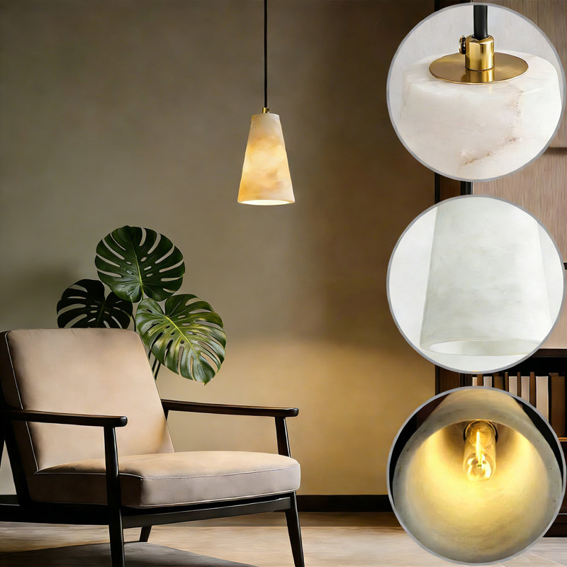Lyra Natural Alabaster Pendant - Hand-Carved Conical Stone Light | Modern Luxury "Glow" for Kitchen Island, Bedside & Foyer (Gold Finish, Height Adjustable)