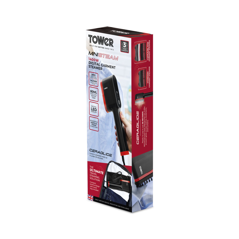 Tower T22038 Ceraglide Handheld Garment Steamer with Ceramic Soleplate, Brush Attachment, Vertical Steaming, 1400W