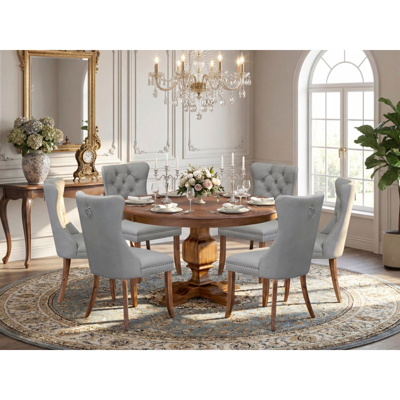 7-Pc Mid Century Dining Set Consist a Table and 6 Light Gray Polyester fabric Upholstered Chairs with Button-Tufted Back, Antique Walnut