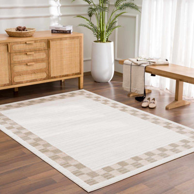 Bakersfield Machine Washable Modern Geometric Bordered Beige Area Rug